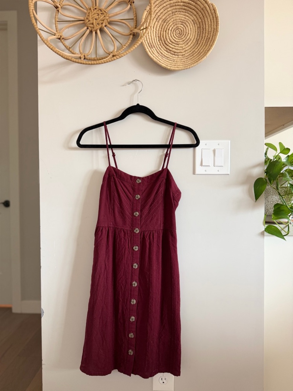 Universal Thread Burgundy Button-Front Spaghetti Strap Mini Dress Cotton/Linen